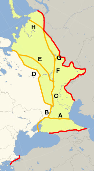 alt: Průběh hranice mezi Evropou a Asií. Žluté čáry jsou různé hranice používané v 18. a 19. století. Dnes se nejčastěji uznává linie znázorněná červeně. Zdroj Wikimedia Commons, autor Dbachmann, licence CC BY-SA 3.0.