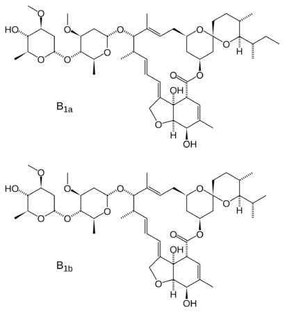 alt: Vzorce dvou látek obsažených v ivermectinu, léku proti hlísticím a některým vnějším parazitům. Zdroj Wikimedia Commons, autor Fvasconcellos, volné dílo / Public Domain.
