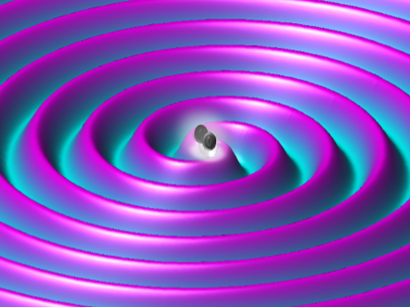 alt: Ilustrace gravitačních vln, které vznikají při oběhu dvou velmi hmotných objektů – například černých děr – kolem společného těžiště. Zdroj Wikimedia Commons, autor MoocSummers, úpravy Jan Kolář, licence CC BY-SA 4.0.