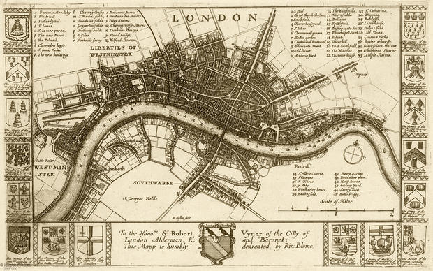 alt: Mapa Londýna přibližně z roku 1666. Vytvořil ji slavný grafik českého původu Václav Hollar. Zdroj: Mapová sbírka Přírodovědecké fakulty UK.