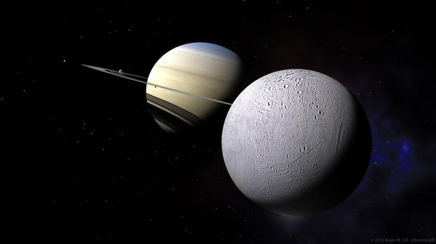 alt: Enceladus (*v popředí vpravo*) a planeta Saturn. Počítačová ilustrace vytvořená s použitím reálných snímků. Zdroj Wikimedia Commons, autor Kevin Gill from Nashua, NH, USA, licence CC BY-SA 2.0.