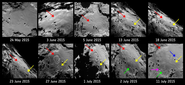 alt: Proměny povrchu v oblasti Imhotep mezi 24. květnem a 11. červencem 2015. Šipky ukazují jednotlivé změny, které způsobilo odpařování plynů během přibližování komety ke Slunci. Zdroj European Space Agency, kredit a © ESA/Rosetta/MPS for OSIRIS Team MPS/UPD/LAM/IAA/SSO/INTA/UPM/DASP/IDA.