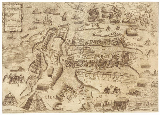 alt: Mapa Velkého obležení Malty vydaná roku 1565 G. F. Camociem. Zdroj: Mapová sbírka Přírodovědecké fakulty Univerzity Karlovy.