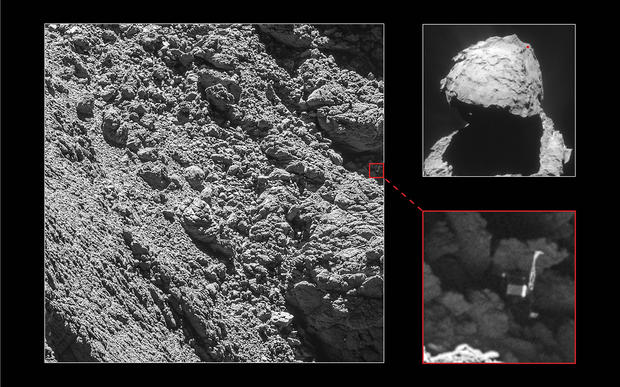 alt: Druhého září 2016 vyfotografovala Rosetta přistávací modul Philae na povrchu komety. Rozlišení velkého snímku a jeho detailu (v červeném rámečku) je pouhých 5 centimetrů na pixel! Kredit: ESA/Rosetta/MPS for OSIRIS Team; MPS/UPD/LAM/IAA/SSO/INTA/UPM/DASP/IDA; ESA/Rosetta/NavCam. Licence CC BY-SA IGO 3.0.