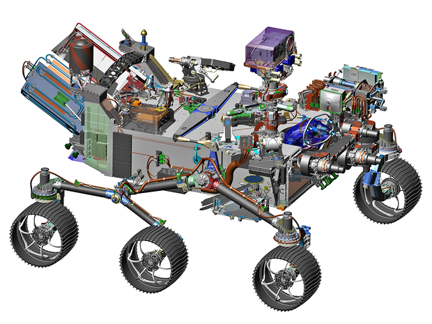 alt: Podrobnější nákres vozítka pro misi Mars 2020. Aparatura SHERLOC se nachází vpravo nahoře. Zdroj Wikimedia Commons, kredit NASA/JPL-Caltech, volné dílo / Public Domain.