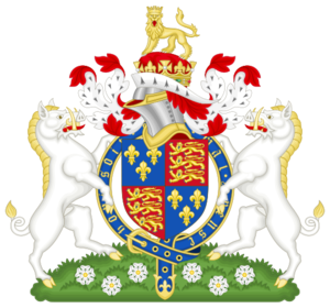 alt: Erb krále Richarda III. Dole bílé růže rodu Yorků. Zdroj Wikimedia Commons, autor Sodacan, licence Creative Commons Attribution-Share Alike 3.0 Unported.