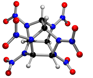 alt: Vzorce nových výbušnin CL-20 a FOX-7 a dvou energetických sloučenin s vysokým obsahem dusíku. Dole model molekuly CL-20 (černě atomy uhlíku, bíle vodíku, červeně kyslíku, modře dusíku). Ilustrace: Jan Kotek a Petr Slavíček.