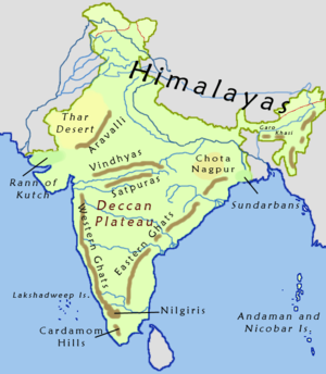 alt: Dekkanská plošina (Deccan Plateau) na mapě Indie. Zdroj Wikimedia Commons, autor Nichalp, licence CC BY-SA 3.0.