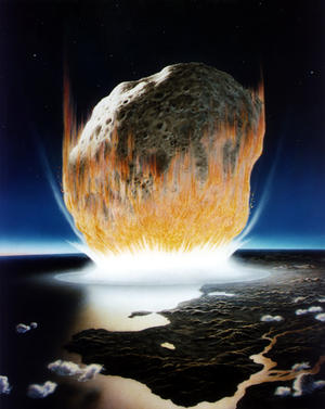 alt: Takto nějak mohla vypadat srážka Země s meteoritem, který po sobě zanechal chixculubský kráter. Zdroj Wikimedia Commons, autro Don Davis / NASA, volné dílo / public domain.