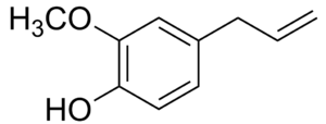 alt: Strukturní vzorec eugenolu. Zdroj Wikimedia Commons, autor Calvero, volné dílo / public domain.