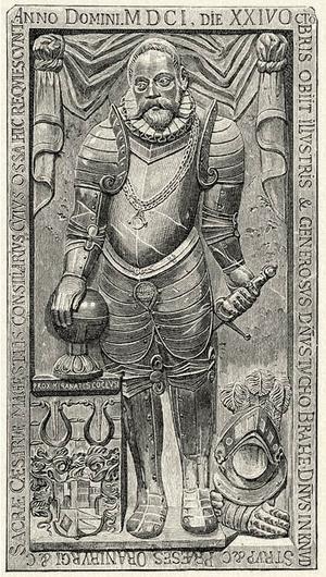 alt: Náhrobní kámen Tycha Brahe. Zdroj Wikimedia Commons.