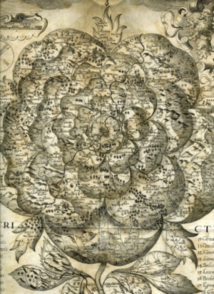 alt: Barokní mapa Čech vepsaná do symbolu růže, která byla otištěna i v prvním vydání knihy. Zdroj Wikimedia Commons