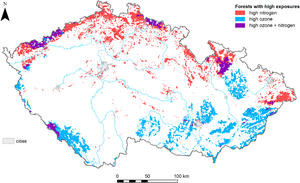 alt: Oblasti lesů s vysokou depozicí dusíku a expozicí ozonu. Zdroj autoři článku.