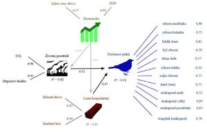 alt: Vztah mezi lesním hospodařením, ekonomickými a environmentálními podmínkami a vliv těchto faktorů na nemigrující lesní ptáky ve střední Evropě mezi lety 1980 a 2014. Síla a směr vztahu mezi faktory jsou vyznačeny čarami (číselná hodnota vyjadřuje standardizovaný koeficient síly vztahu). Šedě vyznačené vztahy nevyšly v analýze jako signifikantní.