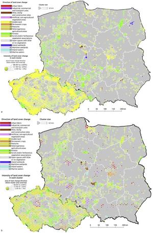 alt: Proměna půdního krytu v ČR a Polsku. Nahoře rok 1990, dole rok 2012. Zdroj databáze EEA CORINE Land Cover 