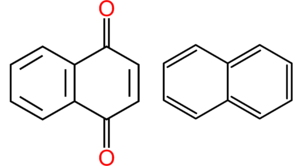 alt: Vlevo naftochinon, vpravo naftalen. Zdroj Wikimedia Commons, volné dílo.