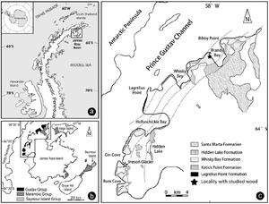 alt: Mapa zdrojové oblasti fosilního dřeva (černá hvězdička- přesné místo nálezu)
