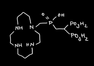 alt: Syntetizovaný ligand se znázorněným fosfinát-(bis)fosfonátovým ramenem. Ilustrace A. Mojžíšová