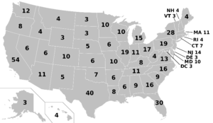 alt: Obrázek 2 - Mapa USA s počtem volitelů za každý stát a Washington D.C. pro prezidentské volby 2024 a 2028.