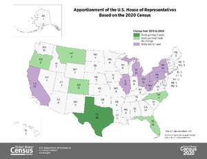 alt: Obrázek1 - Mapa USA s počtem zástupců ve Sněmovně reprezentantů za jednotlivé státy.