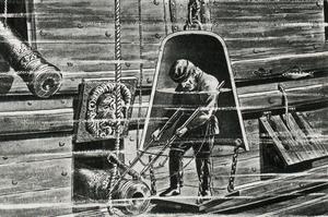 alt: Využití potápěčského zvonu při záchraně děl ze ztroskotaného švédského korábu Vasa (17. století). Autor ilustrace neznámý
