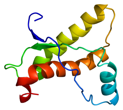 alt: Prostorová struktura lidského prionového proteinu PRNP. Autor Emw, licence Creative Commons Attribution-Share Alike 3.0 Unported.