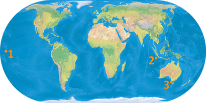 alt: Přibližná poloha Vánočních ostrovů na mapě světa. Zdroj mapy Wikimedia Commons, autor Ktrinko, volné dílo (Creative Commons CC0 1.0 Universal Public Domain Dedication). Úpravy Jan Kolář.