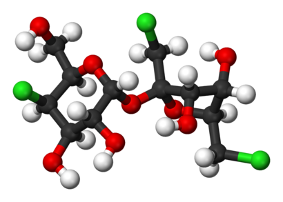 alt: Model molekuly umělého sladidla sukralózy. Zdroj Wikimedia Commons, autor Benjah-bmm27, volné dílo (Public Domain). Černě atomy uhlíku, bíle vodíku, červeně kyslíku, zeleně chloru.