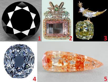 alt: Slavné barevné diamanty. 1) černý Black Moon, 2) růžový Darya-e Noor, 3) žlutý Tiffany Yellow, 4) modrý Wittelsbach-Graff, 5) vícebarevný Koi. Zdroj Wikimedia Commons. Autoři a licence: Thumpy894, CC BY-SA 3.0 (1); Siroos777, volné dílo (2); Shipguy, CC BY-SA 3.0 (3); Physolamuse, volné dílo (4); Rawstone Business Holding, CC BY-SA 3.0 (5).