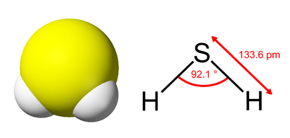 alt: Molekula sulfanu neboli sirovodíku. Zdroj Wikimedia Commons, autoři Ben Mills a Benjah-bmm27, Volné dílo / public domain.