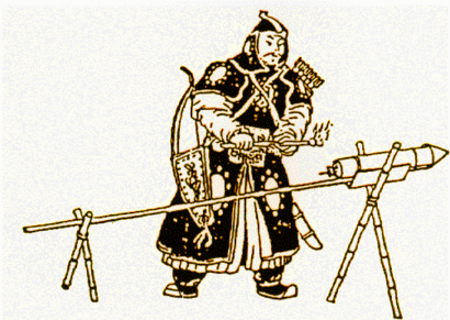 alt: Středověká čínská raketa poháněná střelným prachem. Zdroj Wikimedia Commons / NASA, volné dílo / public domain.