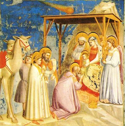 alt: Italský malíř Giotto (1267–1337) byl zřejmě první, kdo zobrazil Betlémskou hvězdu jako kometu – konkrétně na této fresce z kaple Scrovegniů v Padově. Zdroj Wikimedia Commons, volné dílo / public domain.