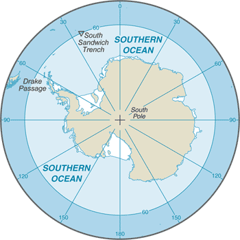 alt: Mapka Jižního oceánu. Jako jeho hranice je zde vyznačen 60. stupeň jižní šířky. Zdroj CIA: The World Factbook, volné dílo / public domain.