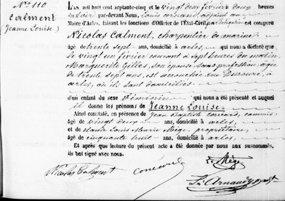 alt: Rodný list Jeanne Calment z roku 1875. Zdroj Wikimedia Commons, volné dílo / public domain.