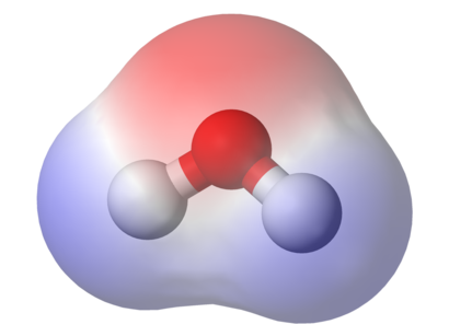 alt: Rozložení elektrického náboje v molekule vody. Modře je vyznačen částečný kladný náboj na atomech vodíku, červeně částečný záporný náboj na atomu kyslíku. Zdroj Wikimedia Commons, autor Benjah-bmm27, volné dílo / Public Domain.