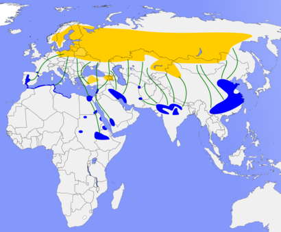 alt: Celosvětové rozšíření jeřába popelavého. Žlutě hnízdiště, zeleně tahové trasy, modře zimoviště. Zdroj Wikimedia Commons, úpravy Jan Kolář, licence CC BY-SA 3.0.