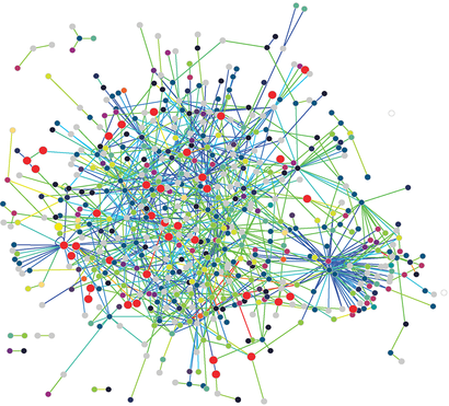 alt: Síť interakcí mezi proteiny v buňkách bakterie *Treponema pallidum*, která je původcem syfilis. Zdroj Titz et al. (2008): PLoS ONE 3(5): e2292. DOI: 10.1371/journal.pone.0002292. úpravy Jan Kolář, licence CC BY 1.0.