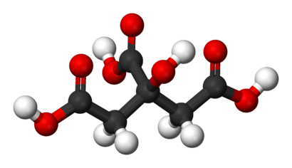 alt: Vzorec a model molekuly kyseliny citronové. V modelu jsou černě znázorněny atomy uhlíku, bíle vodíku a červeně kyslíku. Zdroj Wikimedia Commons, autoři NEUROtiker a Benjah-bmm27, volné dílo / Public Domain.