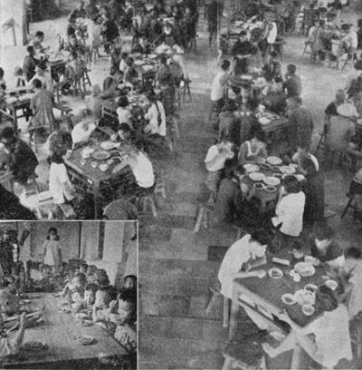 alt: Komunitní kantýna, snímek z roku 1958. Zdroj Wikimedia Commons, volné dílo / Public Domain.