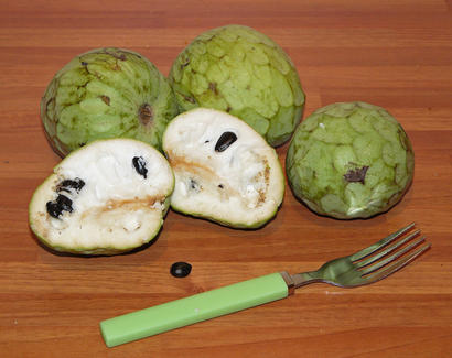 alt: Plody čerimoji mají bílou dužninu s černými semeny. Zdroj Wikimedia Commons, autor Antheore, úpravy Jan Kolář, licence CC BY-SA 3.0.