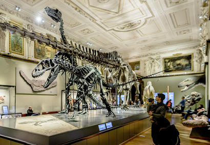 alt: Výstavní sál s kostrami a modely dinosaurů. Zdroj Wikimedia Commons, autor Henry Kellner, úpravy Jan Kolář, licence CC BY-SA 3.0 at.