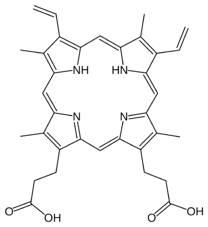 alt: Vzorec protoporfyrinu IX. Zdroj Wikimedia Commons, autor Fvasconcellos, volné dílo / Public Domain.