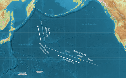 alt:Havajské souostroví v Tichém oceánu představuje typický případ řetězce ostrovů vznikajícího pohybem oceánské desky nad aktivní plášťovou plumou. Zdroj Mapy.cz, úpravy Petr Souček