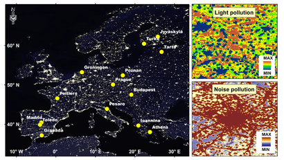 alt: Studie se zaměřila na čtrnáct evropských měst a mapu umělého osvětlení v noci (ALAN). Mapa ALAN byla vytvořena mozaikováním satelitních snímků DMSP (Defense Meteorological Satellite Program) Operational Linescan System (OLS) (zdroj: ESRI, NASA-Visible Earth). Vpravo dva příklady mapování světelného a hlukového znečištění v Praze v České republice.