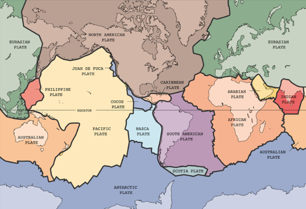 alt: Mapa litosferických desek Země. Zdroj United States Geological Survey / Wikimedia Commons, volné dílo (Public Domain).