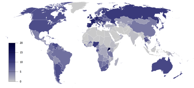 alt: Ve spotřebě alkoholu jsou Češi na světové špičce. Roční spotřeba v litrech čistého alkoholu na osobu (starší 15 let). Zdroj Wikimedia Commons, autor Emilfaro, vytvořeno v programu GunnMap (http://gunn.co.nz/map). Data z WHO Global Status Report on Alcohol 2004 a ze Statistical Information System (WHOSIS). Volné dílo / public domain.