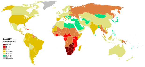 alt: Podíl lidí nakažených virem HIV na celkové populaci ve věku 15–49 let, stav k roku 2011. Zdroj Wikimedia Commons, autor Homer slips, volné dílo / public domain. Zdroj dat UNAIDS (www.unaids.org).