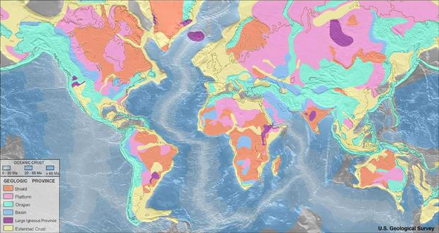 alt: Světové geologické provincie; oranžově jsou vyznačeny štíty. Zdroj Wikimedia Commons, autor United States Geological Survey (earthquake.usgs.gov/research/structure/crust/maps.php). Volné dílo / public domain.