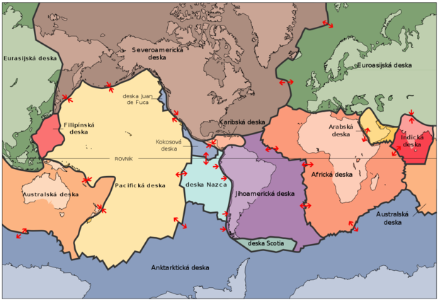alt: Mapa desek zemské kůry. Červené šipky vyznačují směr pohybů desek. Zdroj Wikimedia Commons, autor Jklamo, volné dílo / public domain.