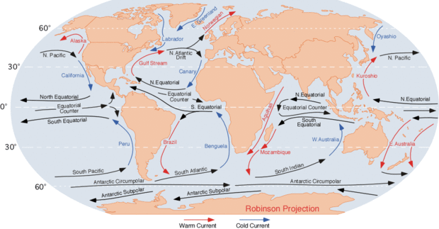 alt: Oceánské proudy na Zemi. Západní příhon okolo Antarktidy je označen „Antarctic Circumpolar“. Zdroj Wikimedia Commons, autor L30nc1t0, volné dílo / public domain.